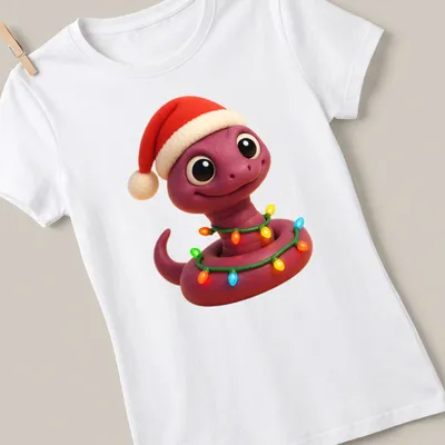 Kawaii design of a Brahminy blind snake wearing a Santa hat in bright colors — printed on a women's shirt