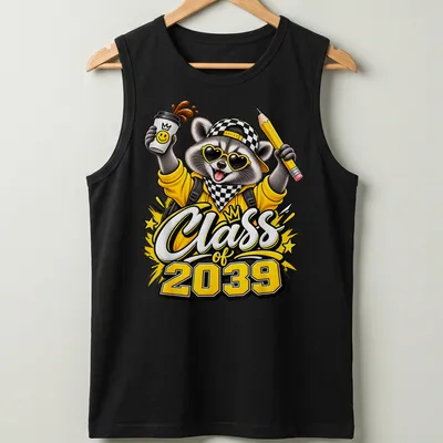 Colorful cartoon raccoon holding a pencil and coffee with Class of 2039 text — printed on a tank top