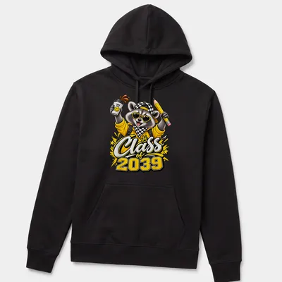 Colorful cartoon raccoon holding a pencil and coffee with Class of 2039 text — printed on a unisex hoodie