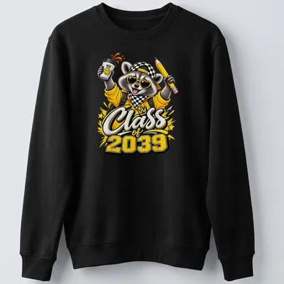 Colorful cartoon raccoon holding a pencil and coffee with Class of 2039 text — printed on a unisex sweatshirt