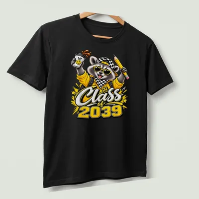Colorful cartoon raccoon holding a pencil and coffee with Class of 2039 text — printed on a unisex t-shirt (angled view)