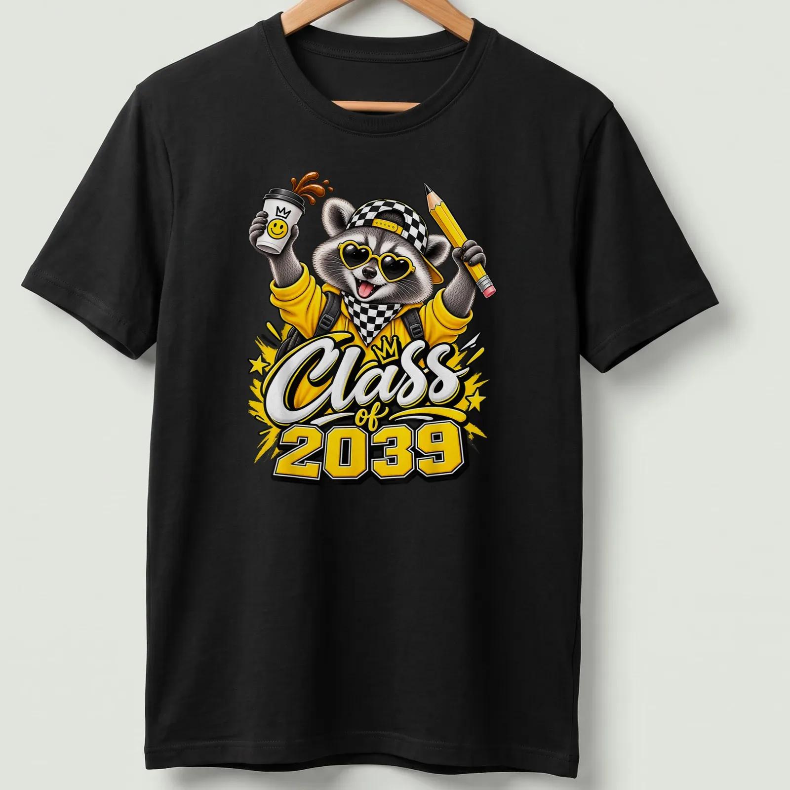 Colorful cartoon raccoon holding a pencil and coffee with Class of 2039 text — printed on a unisex t-shirt