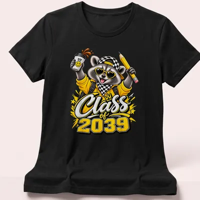 Colorful cartoon raccoon holding a pencil and coffee with Class of 2039 text — printed on a women's shirt