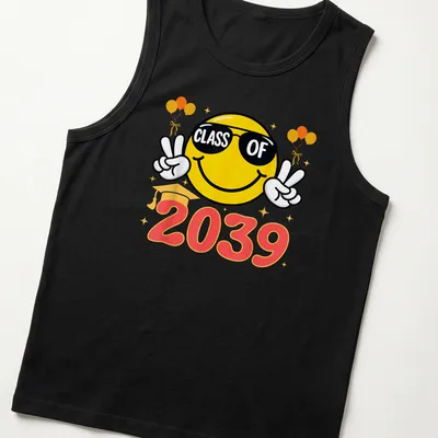 Cheerful smiley face wearing sunglasses above CLASS OF 2039 text — printed on a tank top