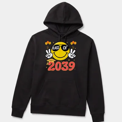Cheerful smiley face wearing sunglasses above CLASS OF 2039 text — printed on a unisex hoodie
