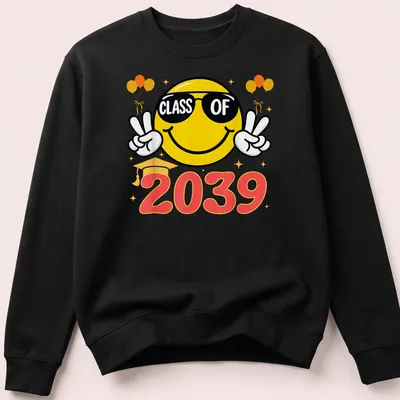 Cheerful smiley face wearing sunglasses above CLASS OF 2039 text — printed on a unisex sweatshirt