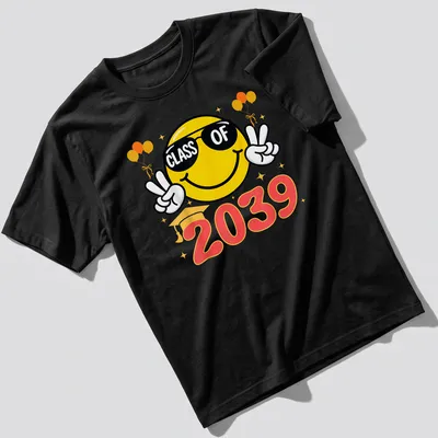Cheerful smiley face wearing sunglasses above CLASS OF 2039 text