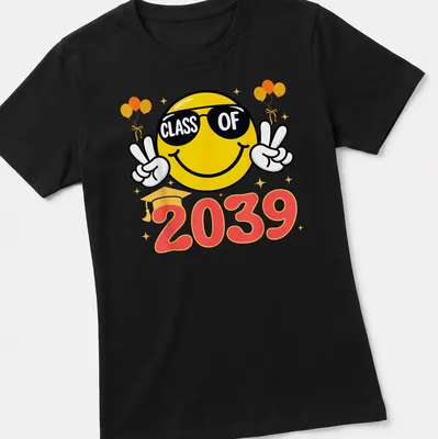 Cheerful smiley face wearing sunglasses above CLASS OF 2039 text — printed on a women's shirt