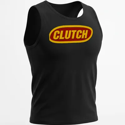 Bold red and yellow printed CLUTCH band logo on a black — printed on a tank top