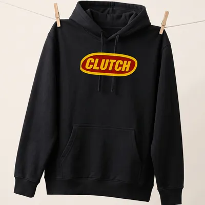 Bold red and yellow printed CLUTCH band logo on a black — printed on a unisex hoodie