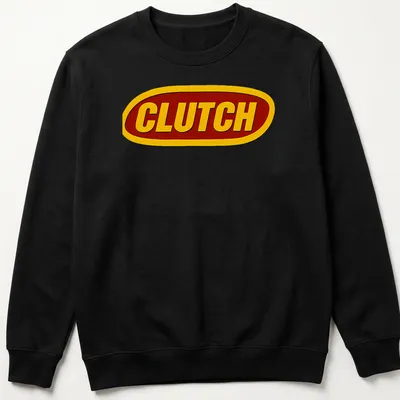 Bold red and yellow printed CLUTCH band logo on a black — printed on a unisex sweatshirt