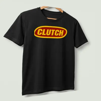 Bold red and yellow printed CLUTCH band logo on a black — printed on a unisex t-shirt (angled view)