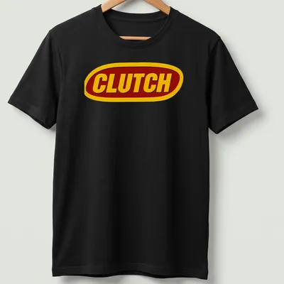 Bold red and yellow printed CLUTCH band logo on a black T-shirt