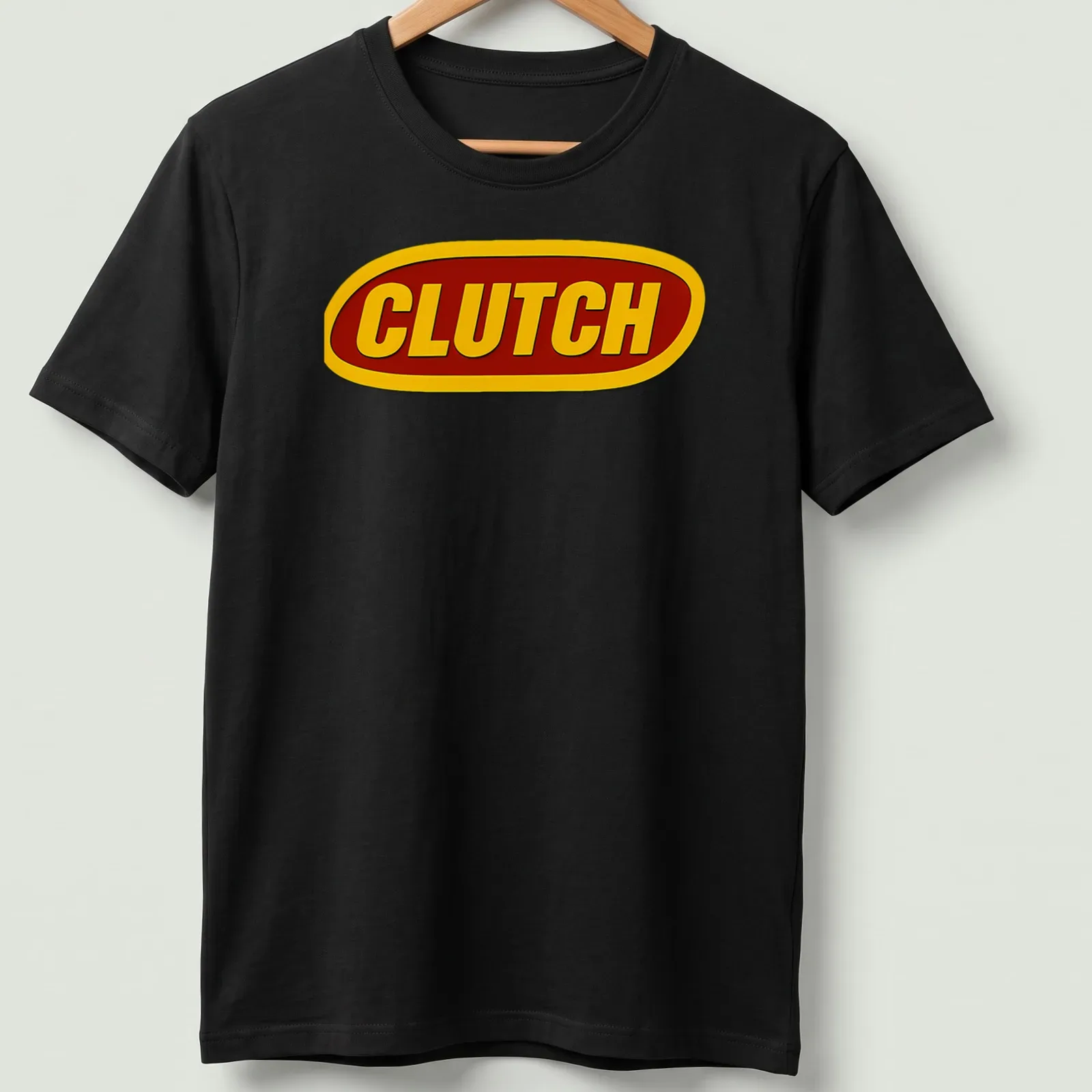 Bold red and yellow printed CLUTCH band logo on a black — printed on a unisex t-shirt