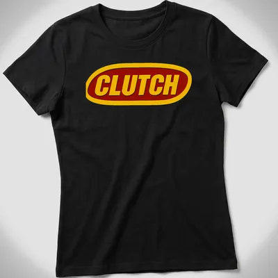 Bold red and yellow printed CLUTCH band logo on a black — printed on a women's shirt