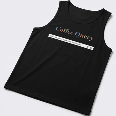 Colorful playful design of a coffee query text with coffee cups illustrations — printed on a tank top