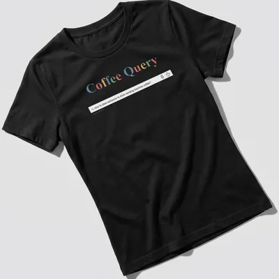 Colorful playful design of a coffee query text with coffee cups illustrations — printed on a women's shirt