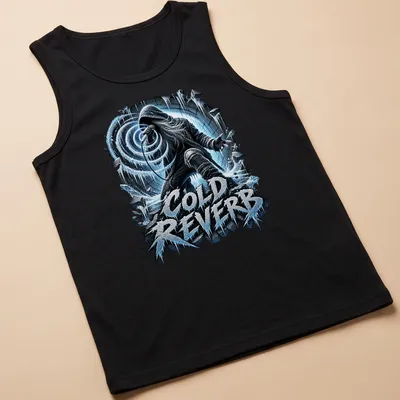 Icy design featuring a heavy metal vocalist with the text Cold Reverb — printed on a tank top