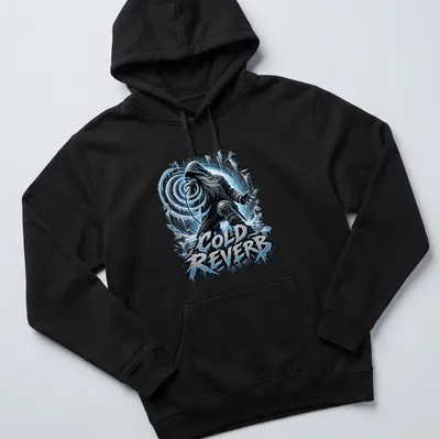 Icy design featuring a heavy metal vocalist with the text Cold Reverb — printed on a unisex hoodie