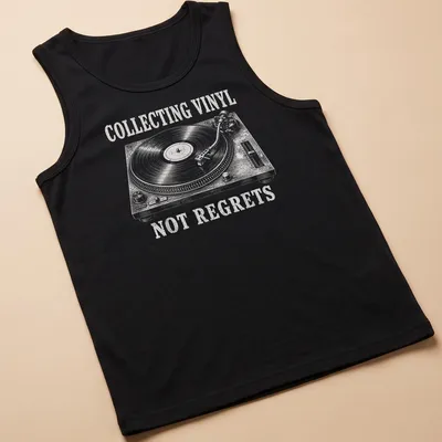 Vintage-style t-shirt with turntable graphic and vinyl collecting text — printed on a tank top