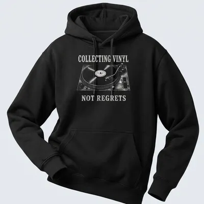 Vintage-style t-shirt with turntable graphic and vinyl collecting text — printed on a unisex hoodie