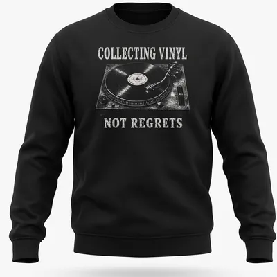Vintage-style t-shirt with turntable graphic and vinyl collecting text — printed on a unisex sweatshirt