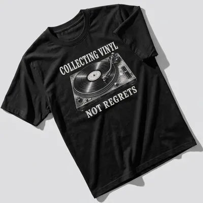 Vintage-style t-shirt with turntable graphic and vinyl collecting text