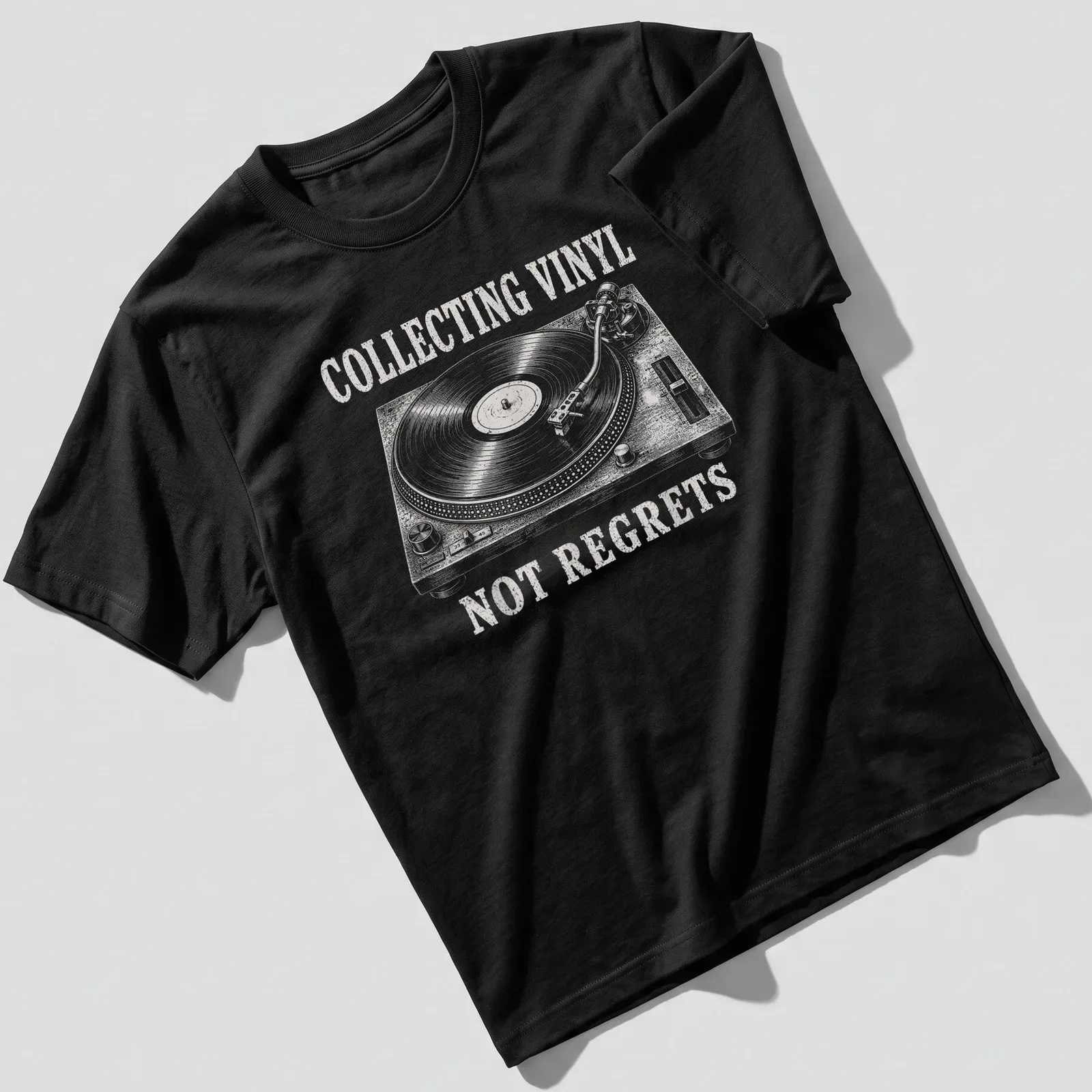 Vintage-style t-shirt with turntable graphic and vinyl collecting text — printed on a unisex t-shirt