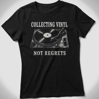 Vintage-style t-shirt with turntable graphic and vinyl collecting text — printed on a women's shirt