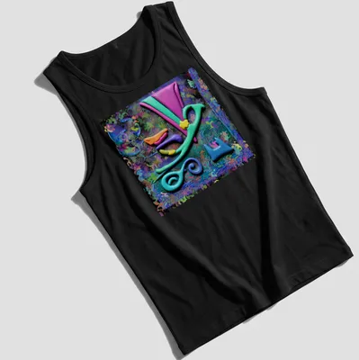 Colorful geometric abstract oil slick design in vibrant colors. — printed on a tank top