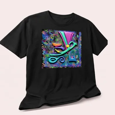 Colorful geometric abstract oil slick design in vibrant colors. — printed on a unisex t-shirt (angled view)