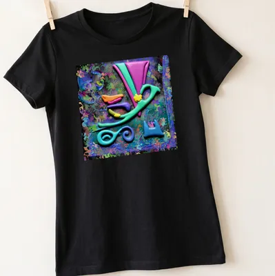 Colorful geometric abstract oil slick design in vibrant colors. — printed on a women's shirt