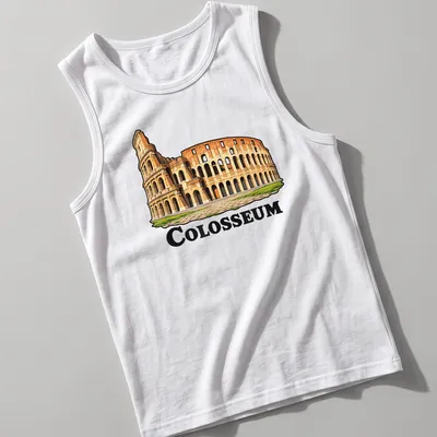 Intricate illustration of the Colosseum in tan, brown, and green tones — printed on a tank top