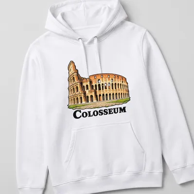 Intricate illustration of the Colosseum in tan, brown, and green tones — printed on a unisex hoodie