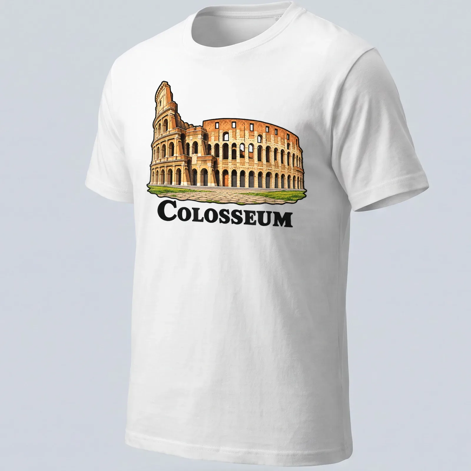 Intricate illustration of the Colosseum in tan, brown, and green tones — printed on a unisex t-shirt