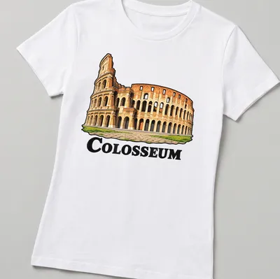 Intricate illustration of the Colosseum in tan, brown, and green tones — printed on a women's shirt