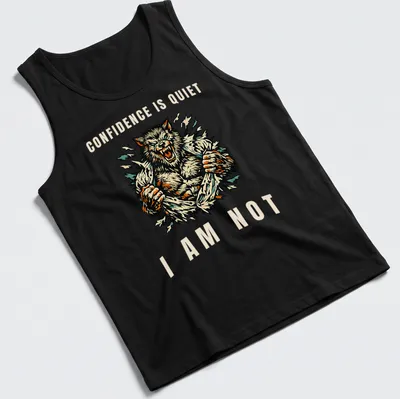 Vintage illustrated wolf graphic with bold text about confidence in various colors. — printed on a tank top