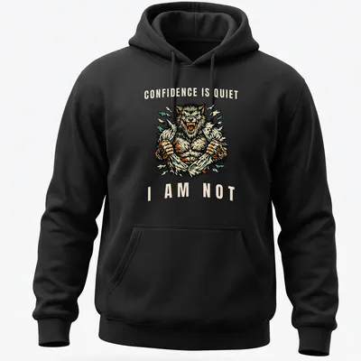 Vintage illustrated wolf graphic with bold text about confidence in various colors. — printed on a unisex hoodie