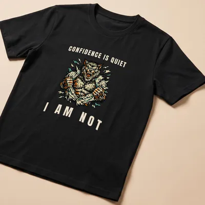 Vintage illustrated wolf graphic with bold text about confidence in various colors.