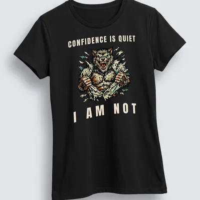 Vintage illustrated wolf graphic with bold text about confidence in various colors. — printed on a women's shirt