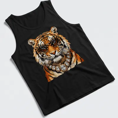Realistic tiger wearing sunglasses and jewelry in orange, black, and gold tones — printed on a tank top