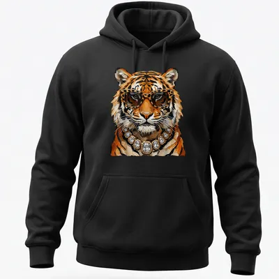 Realistic tiger wearing sunglasses and jewelry in orange, black, and gold tones — printed on a unisex hoodie
