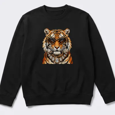 Realistic tiger wearing sunglasses and jewelry in orange, black, and gold tones — printed on a unisex sweatshirt