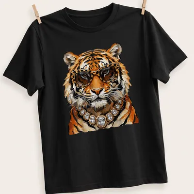 Realistic tiger wearing sunglasses and jewelry in orange, black, and gold tones