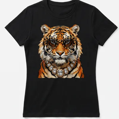 Realistic tiger wearing sunglasses and jewelry in orange, black, and gold tones — printed on a women's shirt
