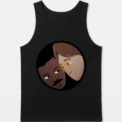 Cartoon illustration of two characters, Copano and Harrington, in playful colors — printed on a tank top