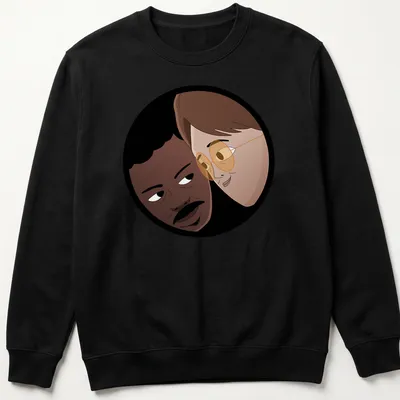 Cartoon illustration of two characters, Copano and Harrington, in playful colors — printed on a unisex sweatshirt