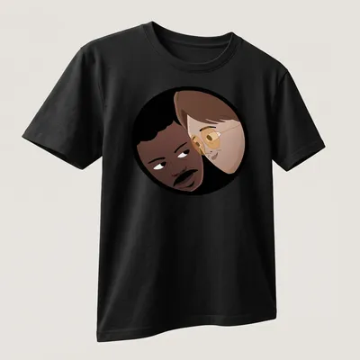 Cartoon illustration of two characters, Copano and Harrington, in playful colors — printed on a unisex t-shirt (angled view)