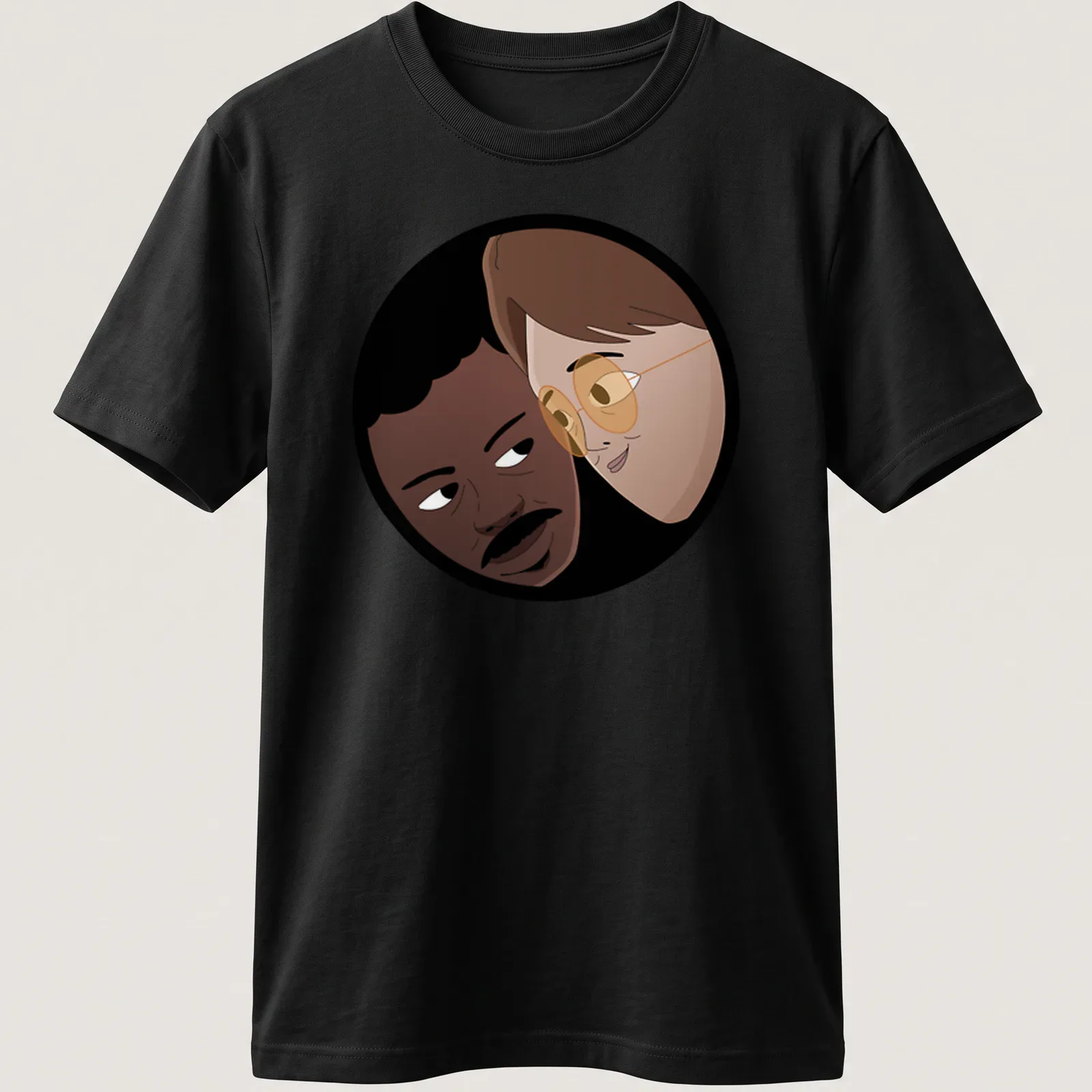 Cartoon illustration of two characters, Copano and Harrington, in playful colors — printed on a unisex t-shirt