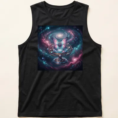 Illustration of a cosmic butterfly surrounded by mechanical planetarium gears in purple and pink hues. — printed on a tank top